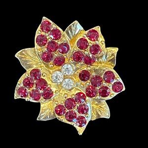 Vintage Red Rhinestone Gold Tone Flower Brooch Pin Small Dainty Jewelry